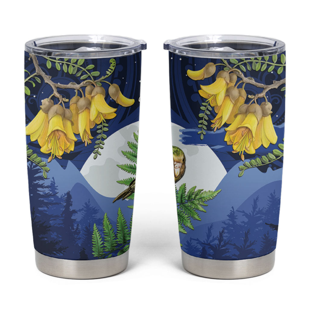 Kakapo New Zealand Personalised Tumbler Cup Kowhai Flower Silver Fern Maori Pattern LT22 Blue - Polynesian Pride