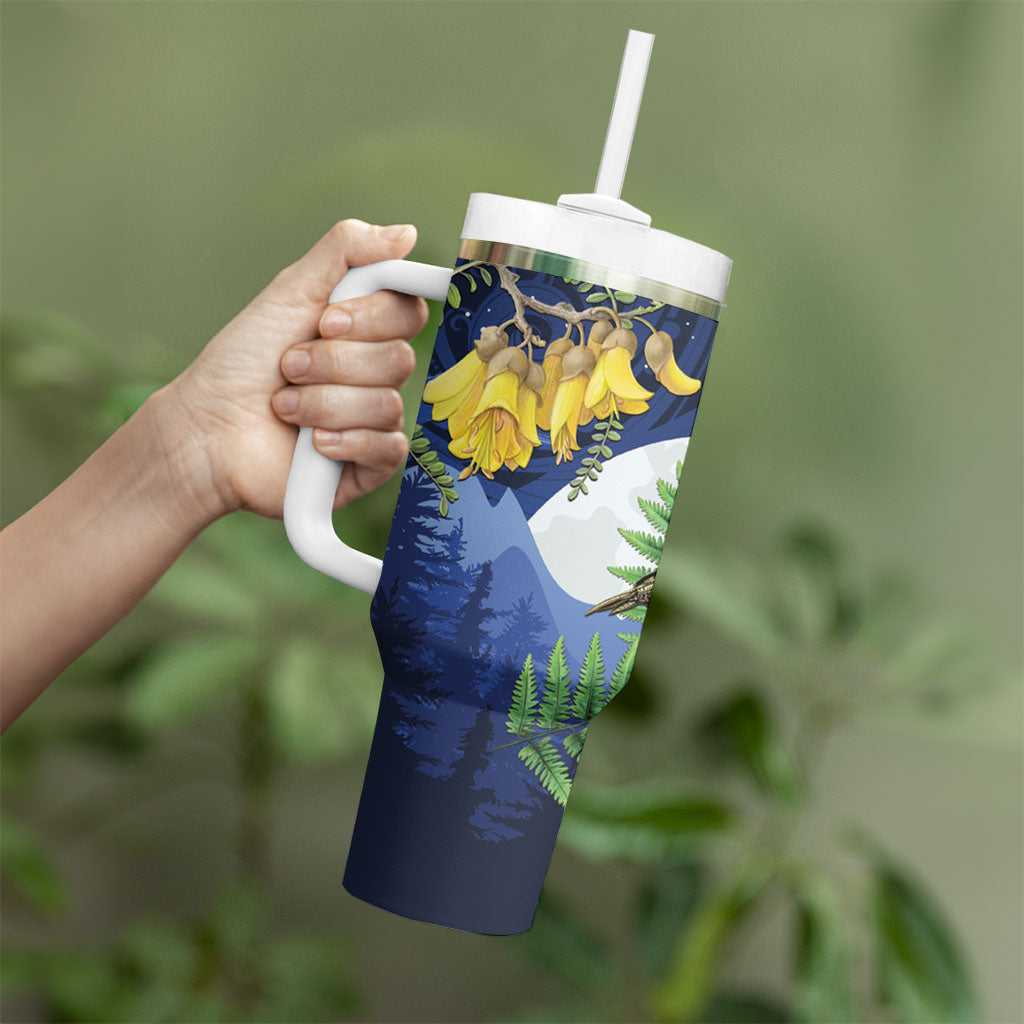 Kakapo New Zealand Personalised Tumbler With Handle Kowhai Flower Silver Fern Maori Pattern LT22 - Polynesian Pride