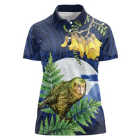 Kakapo New Zealand Personalised Women Polo Shirt Kowhai Flower Silver Fern Maori Pattern LT22 Female Blue - Polynesian Pride