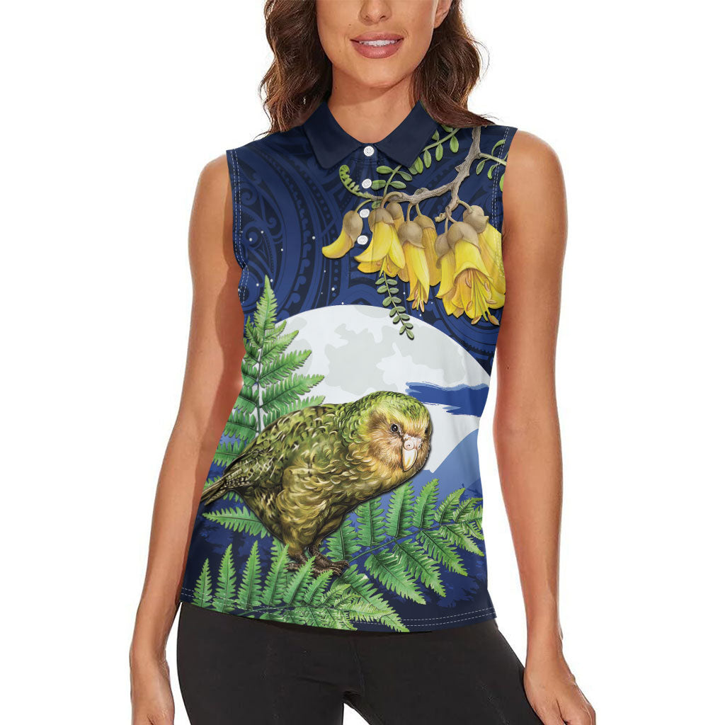 Kakapo New Zealand Personalised Women Sleeveless Polo Shirt Kowhai Flower Silver Fern Maori Pattern LT22 - Polynesian Pride