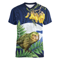 Kakapo New Zealand Personalised Women V-Neck T-Shirt Kowhai Flower Silver Fern Maori Pattern LT22 Female Blue - Polynesian Pride