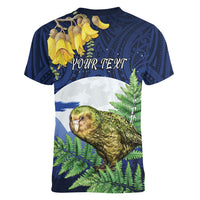 Kakapo New Zealand Personalised Women V-Neck T-Shirt Kowhai Flower Silver Fern Maori Pattern LT22 - Polynesian Pride