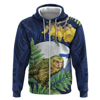 Kakapo New Zealand Personalised Zip Hoodie Kowhai Flower Silver Fern Maori Pattern LT22 Zip Hoodie Blue - Polynesian Pride