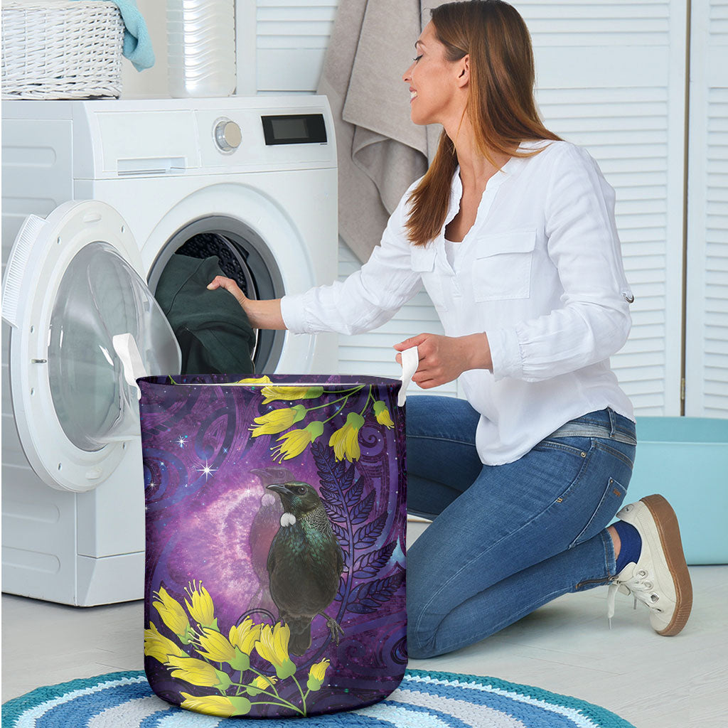New Zealand Tui Bird Matariki Laundry Basket Kowhai Flower Silver Fern Galaxy Maori Pattern