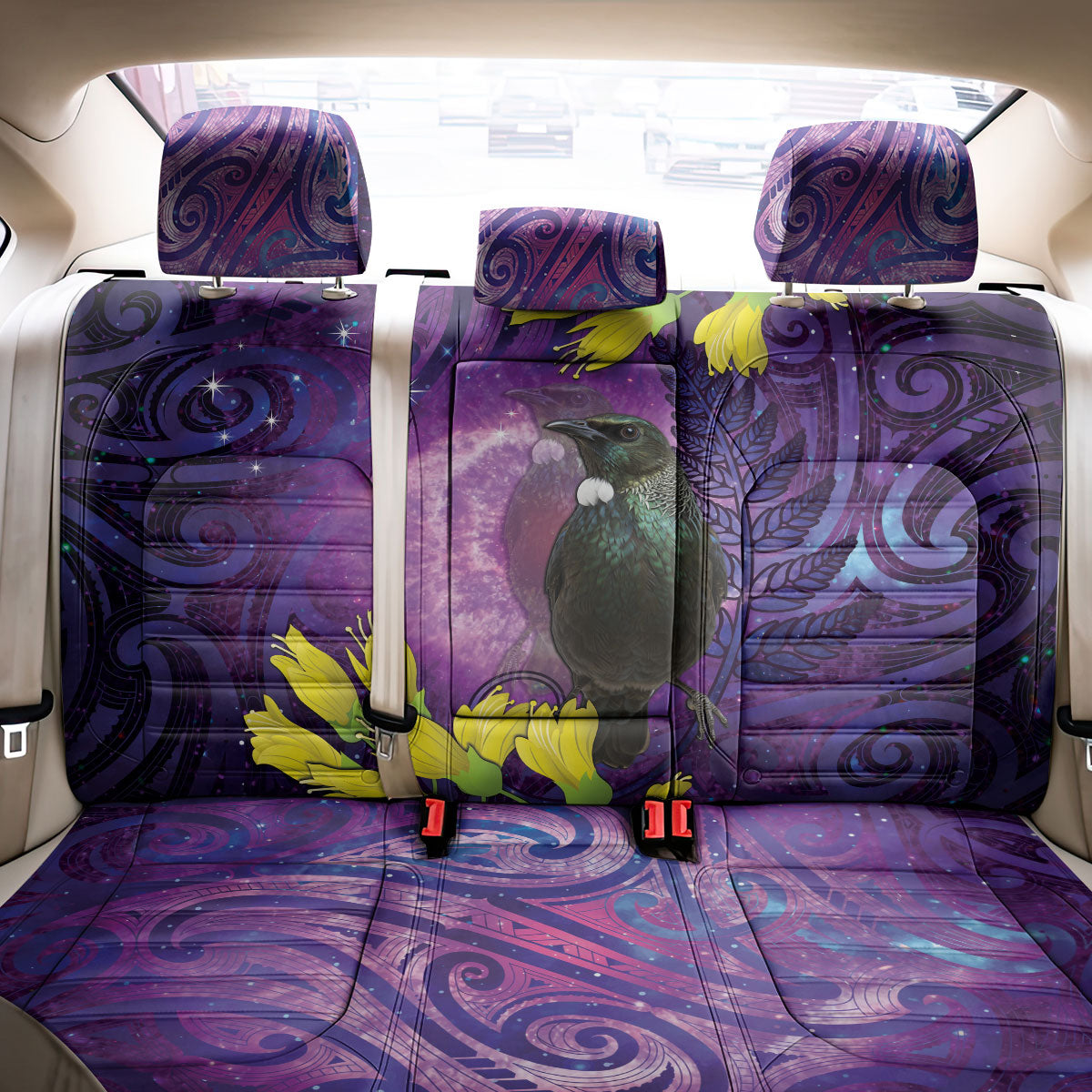 New Zealand Tui Bird Matariki Back Car Seat Cover Kowhai Flower Silver Fern Galaxy Maori Pattern LT22 - Polynesian Pride