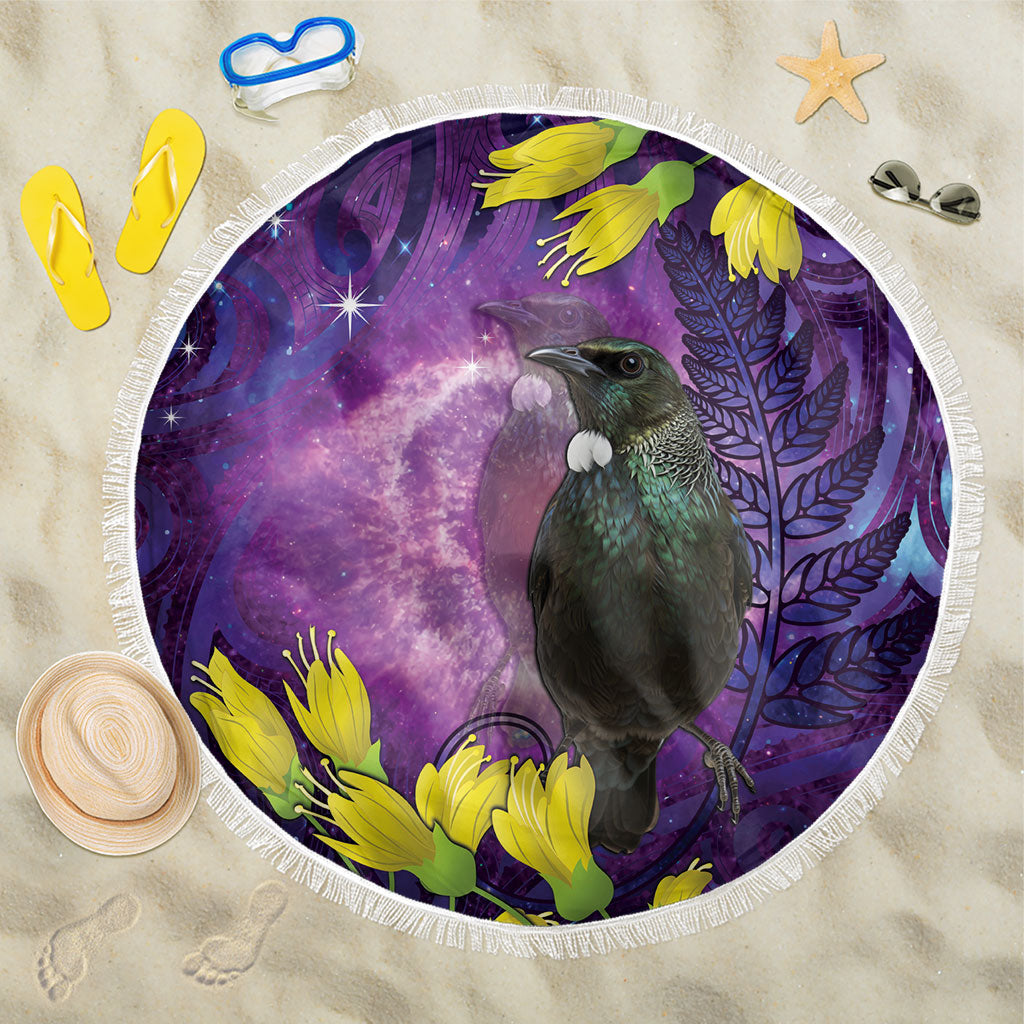 New Zealand Tui Bird Matariki Beach Blanket Kowhai Flower Silver Fern Galaxy Maori Pattern