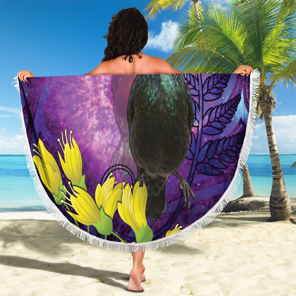 New Zealand Tui Bird Matariki Beach Blanket Kowhai Flower Silver Fern Galaxy Maori Pattern