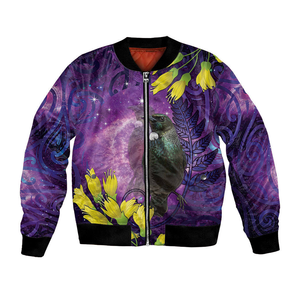 New Zealand Tui Bird Matariki Bomber Jacket Kowhai Flower Silver Fern Galaxy Maori Pattern