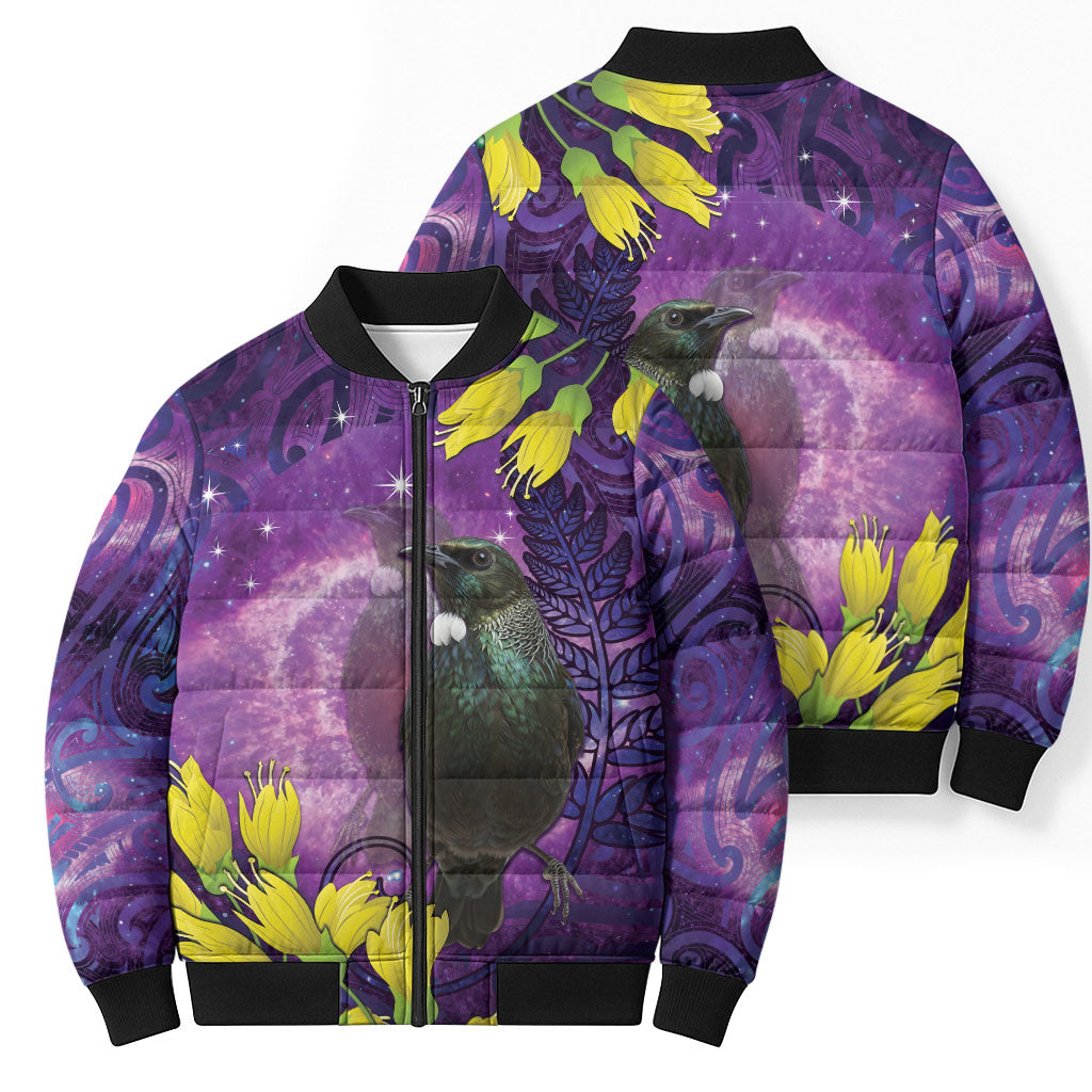 New Zealand Tui Bird Matariki Bomber Puffer Jacket Kowhai Flower Silver Fern Galaxy Maori Pattern