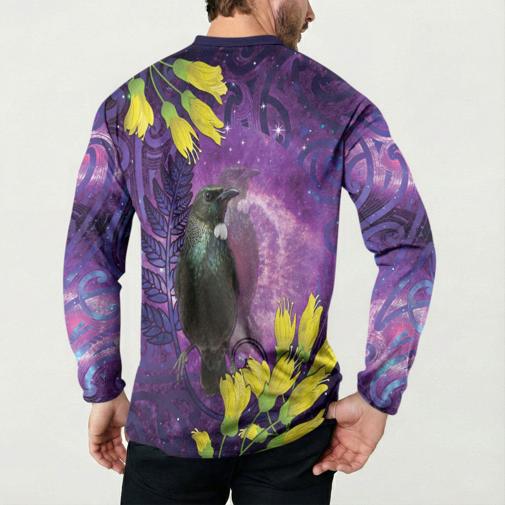 New Zealand Tui Bird Matariki Button Sweatshirt Kowhai Flower Silver Fern Galaxy Maori Pattern