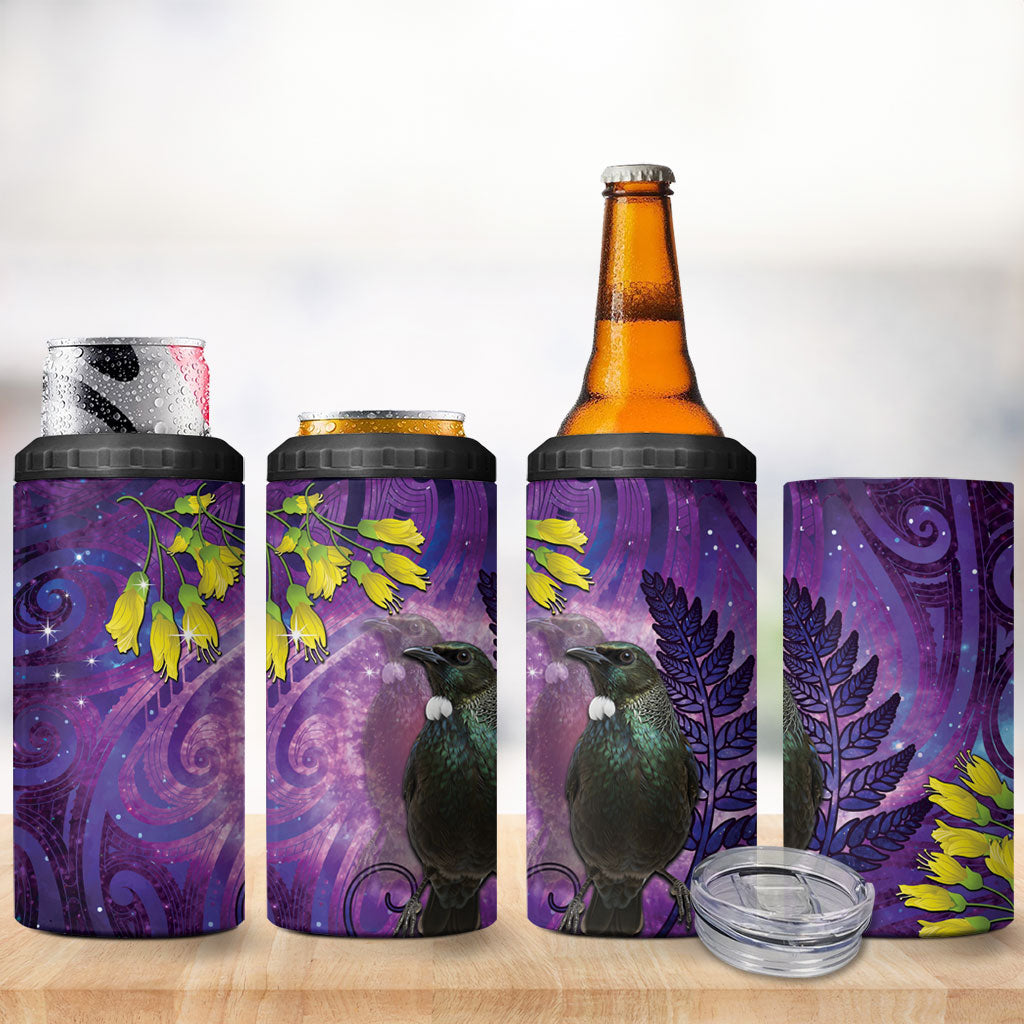 New Zealand Tui Bird Matariki 4 in 1 Can Cooler Tumbler Kowhai Flower Silver Fern Galaxy Maori Pattern LT22 - Polynesian Pride