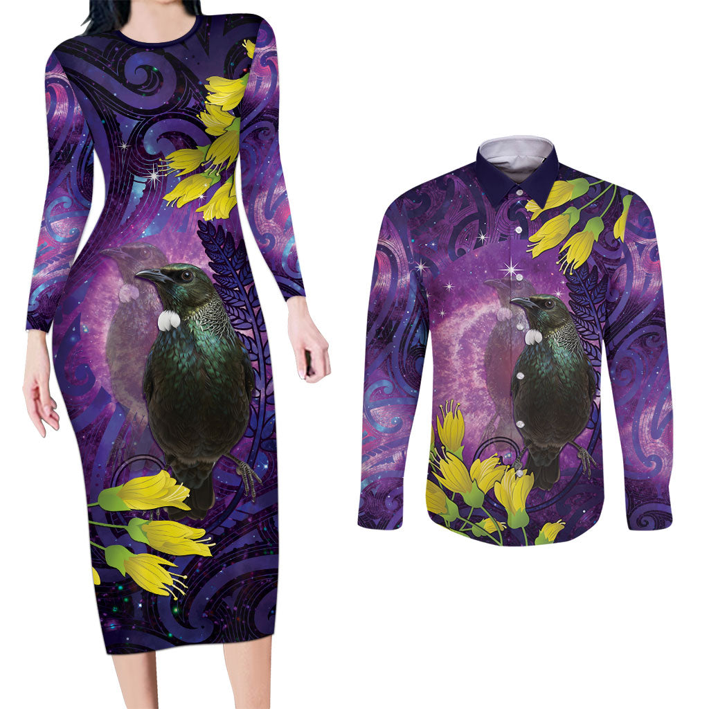 New Zealand Tui Bird Matariki Couples Matching Long Sleeve Bodycon Dress and Long Sleeve Button Shirt Kowhai Flower Silver Fern Galaxy Maori Pattern LT22 Purple - Polynesian Pride
