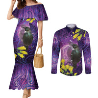 New Zealand Tui Bird Matariki Couples Matching Mermaid Dress and Long Sleeve Button Shirt Kowhai Flower Silver Fern Galaxy Maori Pattern LT22 Purple - Polynesian Pride