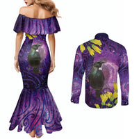 New Zealand Tui Bird Matariki Couples Matching Mermaid Dress and Long Sleeve Button Shirt Kowhai Flower Silver Fern Galaxy Maori Pattern LT22 - Polynesian Pride