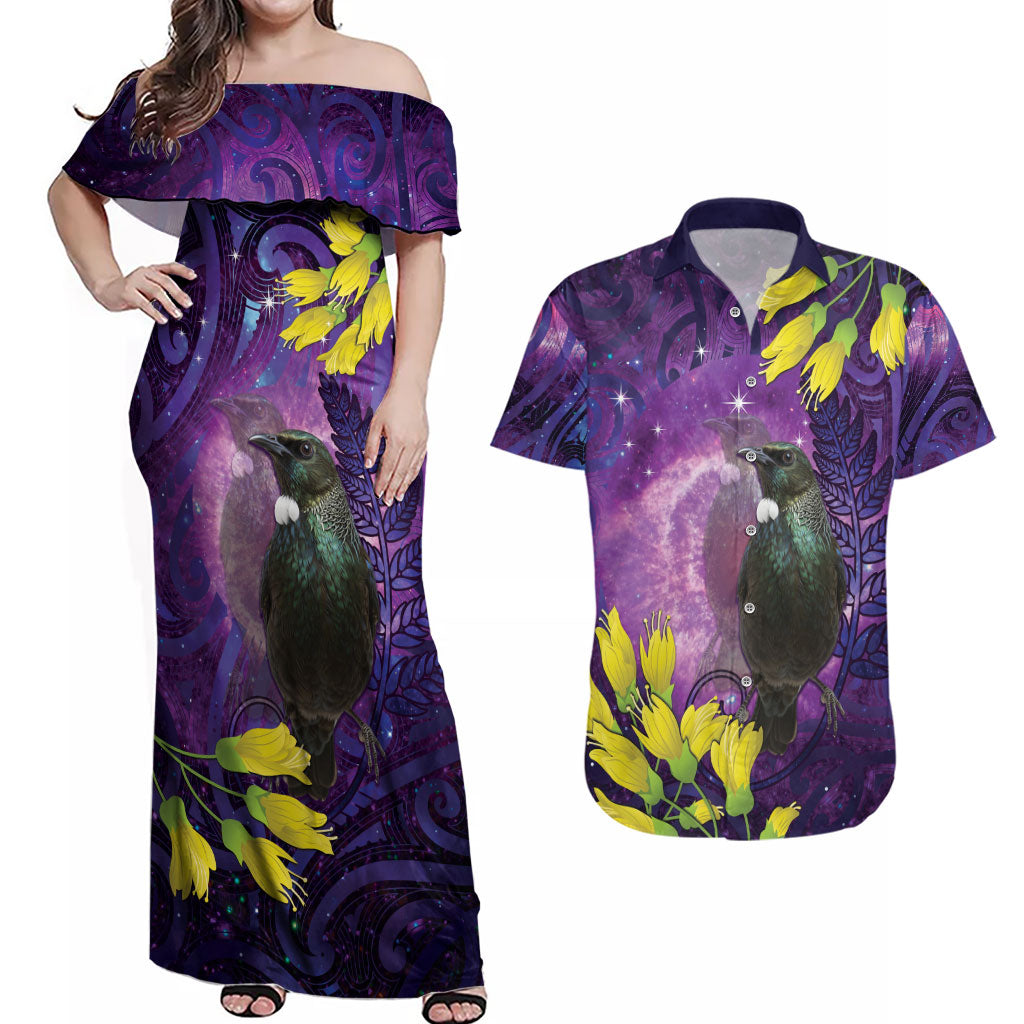 New Zealand Tui Bird Matariki Couples Matching Off Shoulder Maxi Dress and Hawaiian Shirt Kowhai Flower Silver Fern Galaxy Maori Pattern LT22 Purple - Polynesian Pride