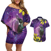 New Zealand Tui Bird Matariki Couples Matching Off Shoulder Short Dress and Hawaiian Shirt Kowhai Flower Silver Fern Galaxy Maori Pattern LT22 Purple - Polynesian Pride