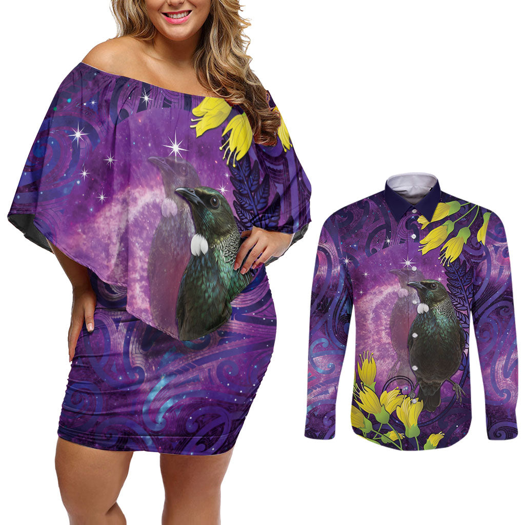 New Zealand Tui Bird Matariki Couples Matching Off Shoulder Short Dress and Long Sleeve Button Shirt Kowhai Flower Silver Fern Galaxy Maori Pattern LT22 Purple - Polynesian Pride