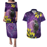 New Zealand Tui Bird Matariki Couples Matching Puletasi and Hawaiian Shirt Kowhai Flower Silver Fern Galaxy Maori Pattern LT22 Purple - Polynesian Pride