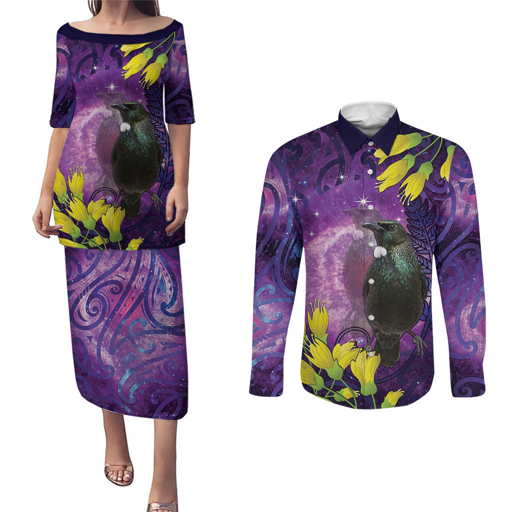 New Zealand Tui Bird Matariki Couples Matching Puletasi and Long Sleeve Button Shirt Kowhai Flower Silver Fern Galaxy Maori Pattern LT22 Purple - Polynesian Pride