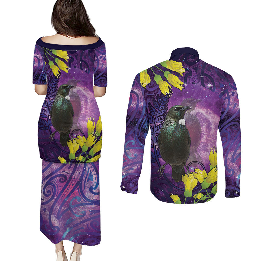 New Zealand Tui Bird Matariki Couples Matching Puletasi and Long Sleeve Button Shirt Kowhai Flower Silver Fern Galaxy Maori Pattern LT22 - Polynesian Pride