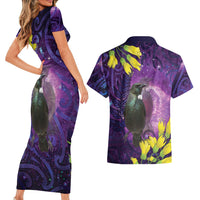 New Zealand Tui Bird Matariki Couples Matching Short Sleeve Bodycon Dress and Hawaiian Shirt Kowhai Flower Silver Fern Galaxy Maori Pattern LT22 - Polynesian Pride