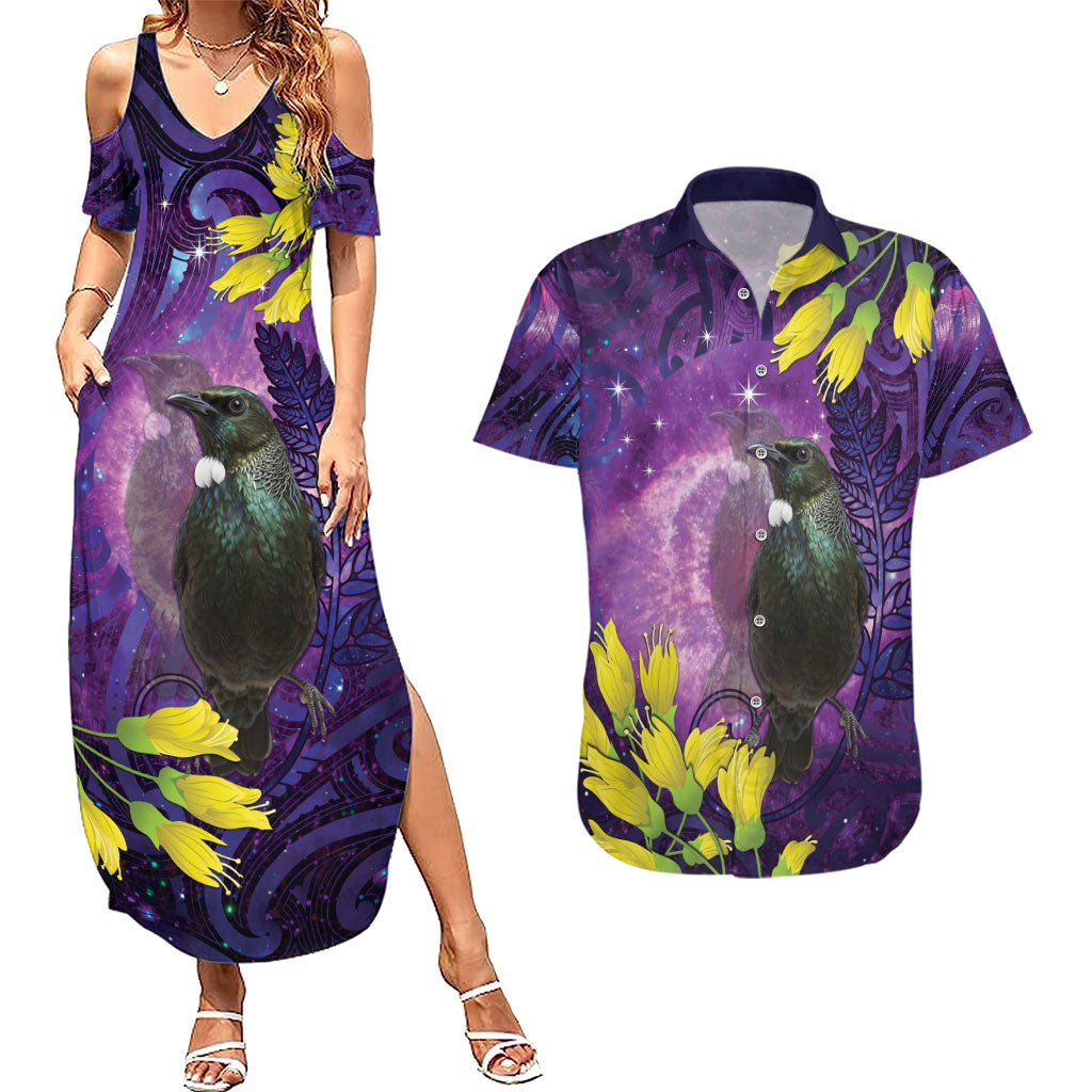 New Zealand Tui Bird Matariki Couples Matching Summer Maxi Dress and Hawaiian Shirt Kowhai Flower Silver Fern Galaxy Maori Pattern LT22 Purple - Polynesian Pride