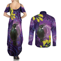 New Zealand Tui Bird Matariki Couples Matching Summer Maxi Dress and Long Sleeve Button Shirt Kowhai Flower Silver Fern Galaxy Maori Pattern LT22 - Polynesian Pride