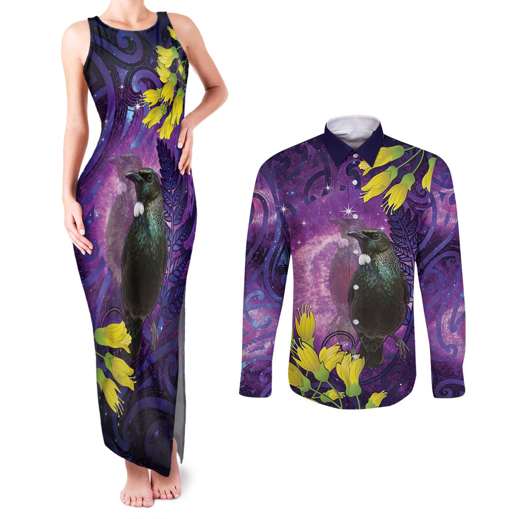 New Zealand Tui Bird Matariki Couples Matching Tank Maxi Dress and Long Sleeve Button Shirt Kowhai Flower Silver Fern Galaxy Maori Pattern LT22 Purple - Polynesian Pride