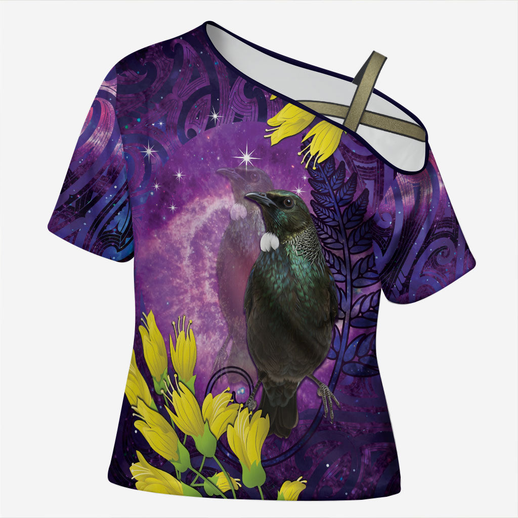 New Zealand Tui Bird Matariki Cross Shoulder Shirt Kowhai Flower Silver Fern Galaxy Maori Pattern LT22 Female Purple - Polynesian Pride