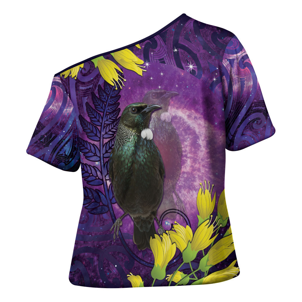 New Zealand Tui Bird Matariki Cross Shoulder Shirt Kowhai Flower Silver Fern Galaxy Maori Pattern LT22 - Polynesian Pride