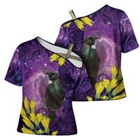 New Zealand Tui Bird Matariki Cross Shoulder Shirt Kowhai Flower Silver Fern Galaxy Maori Pattern LT22 - Polynesian Pride