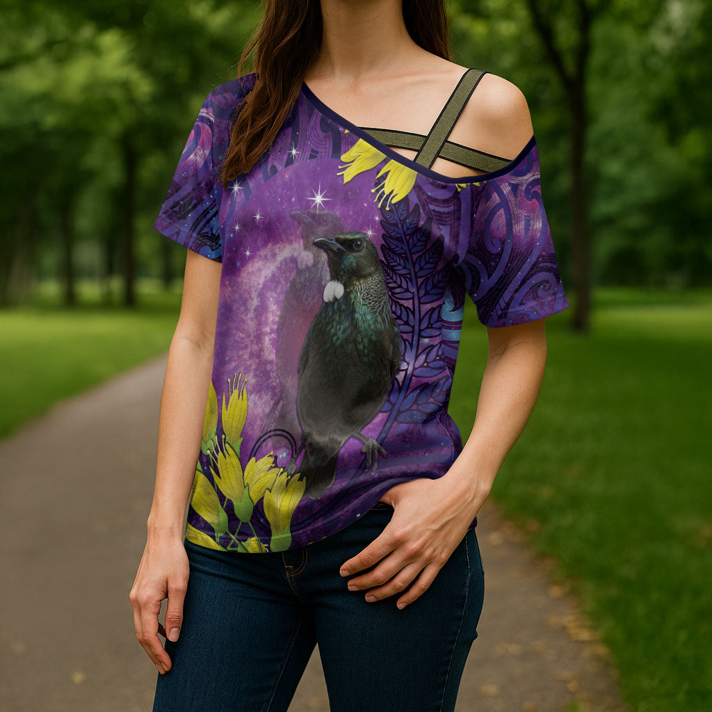New Zealand Tui Bird Matariki Cross Shoulder Shirt Kowhai Flower Silver Fern Galaxy Maori Pattern LT22 - Polynesian Pride
