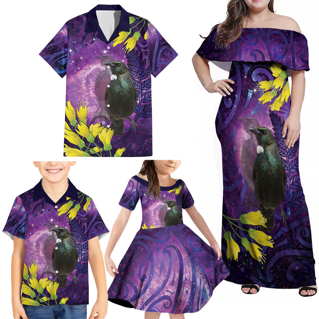 New Zealand Tui Bird Matariki Family Matching Off Shoulder Maxi Dress and Hawaiian Shirt Kowhai Flower Silver Fern Galaxy Maori Pattern LT22 - Polynesian Pride