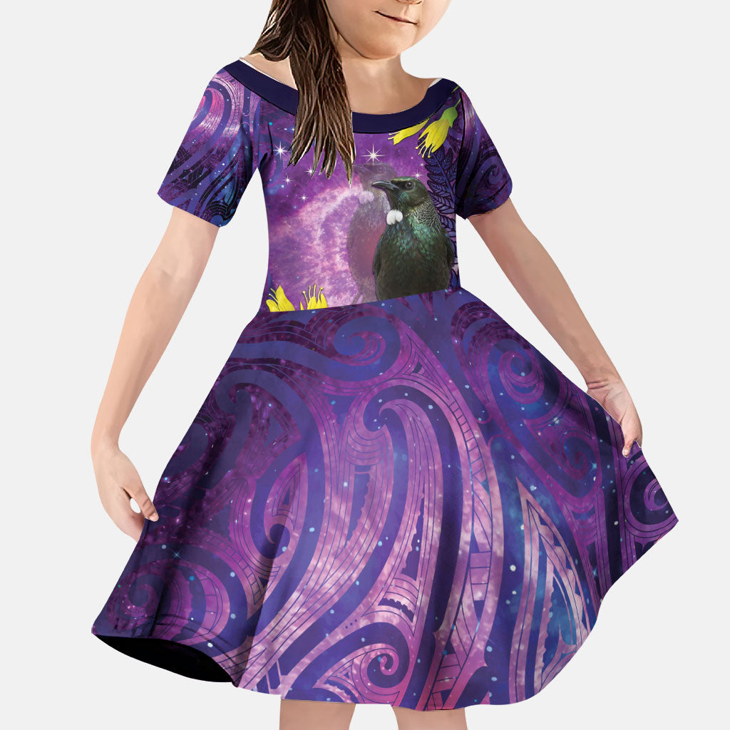 New Zealand Tui Bird Matariki Family Matching Off Shoulder Short Dress and Hawaiian Shirt Kowhai Flower Silver Fern Galaxy Maori Pattern LT22 Daughter's Dress Purple - Polynesian Pride