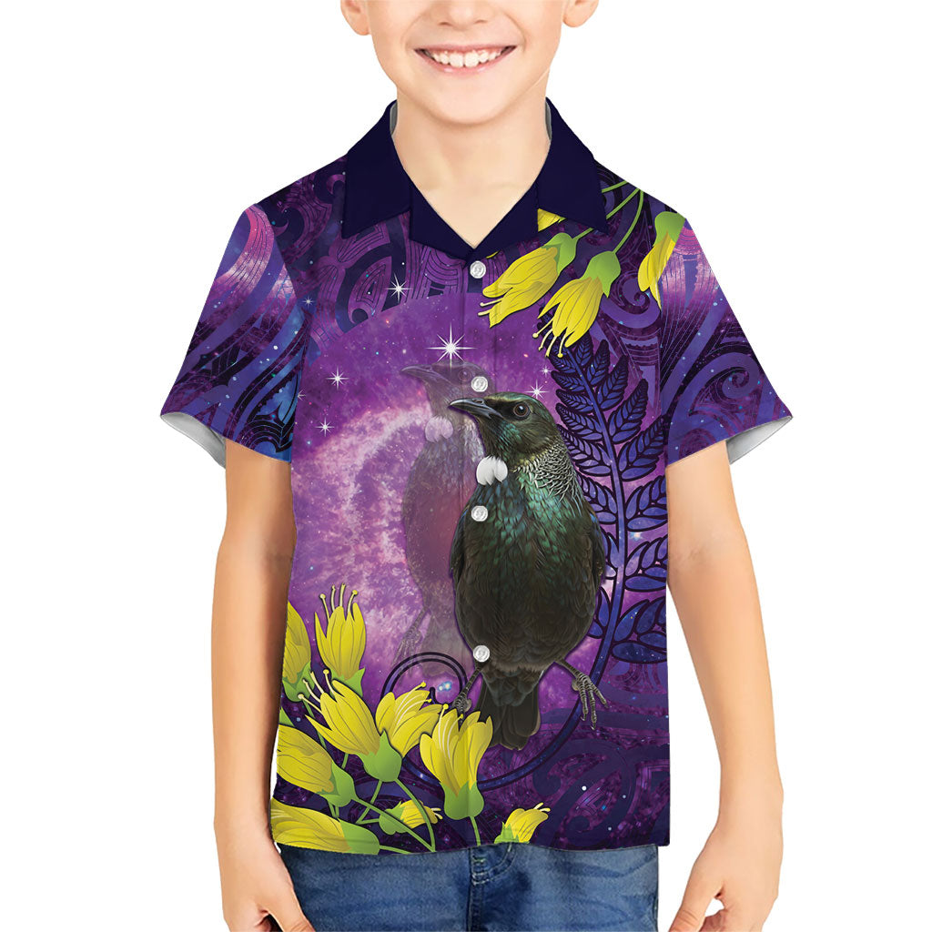 New Zealand Tui Bird Matariki Family Matching Off Shoulder Short Dress and Hawaiian Shirt Kowhai Flower Silver Fern Galaxy Maori Pattern LT22 Son's Shirt Purple - Polynesian Pride