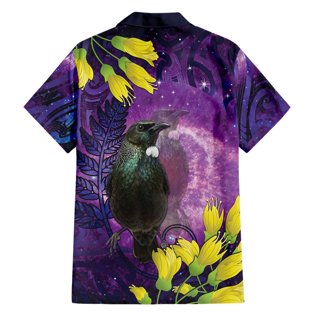 New Zealand Tui Bird Matariki Family Matching Puletasi and Hawaiian Shirt Kowhai Flower Silver Fern Galaxy Maori Pattern LT22 - Polynesian Pride