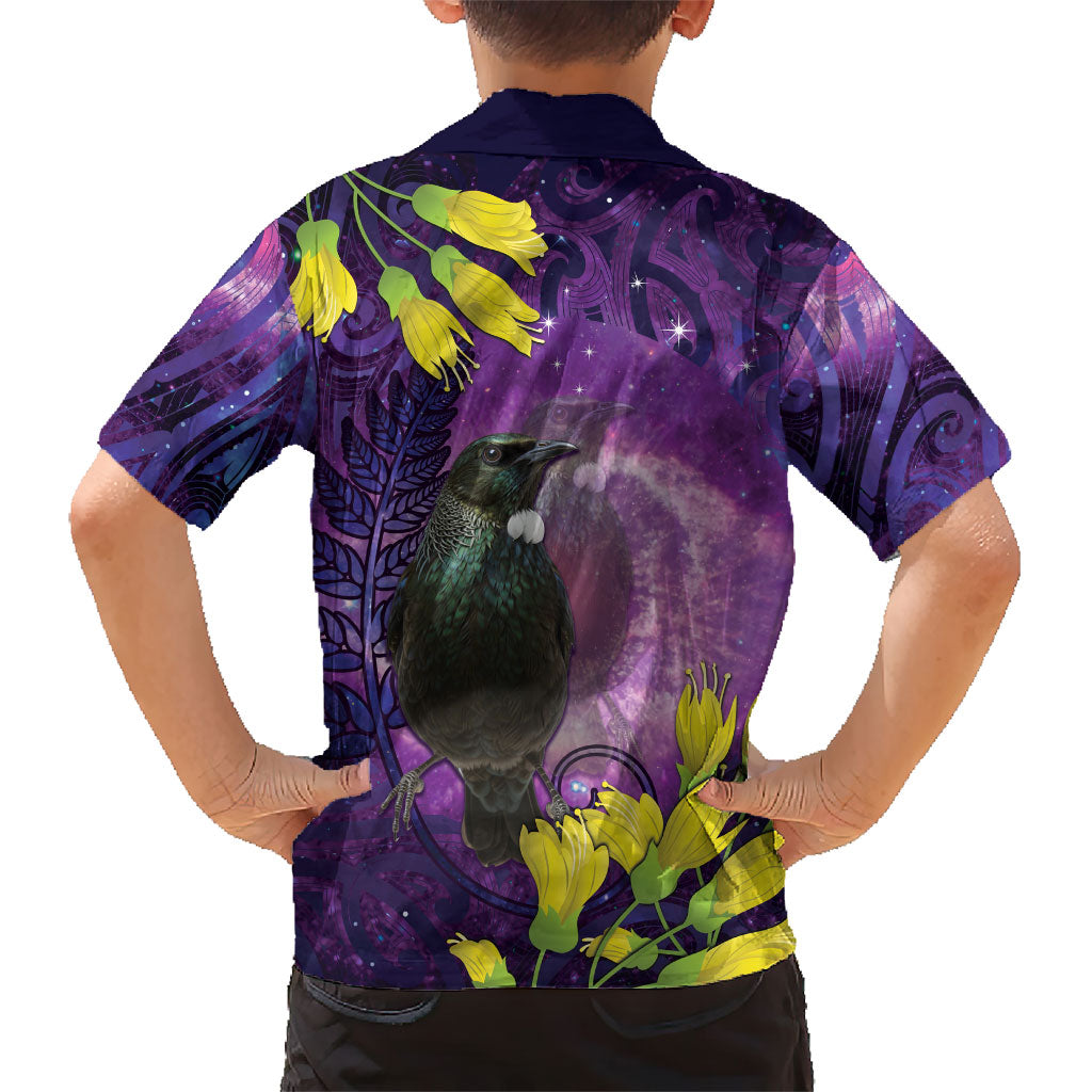 New Zealand Tui Bird Matariki Family Matching Summer Maxi Dress and Hawaiian Shirt Kowhai Flower Silver Fern Galaxy Maori Pattern LT22 - Polynesian Pride