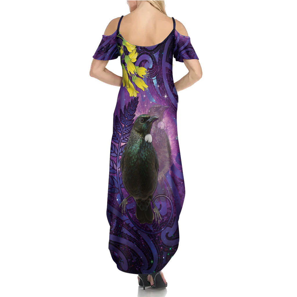 New Zealand Tui Bird Matariki Family Matching Summer Maxi Dress and Hawaiian Shirt Kowhai Flower Silver Fern Galaxy Maori Pattern LT22 - Polynesian Pride