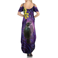 New Zealand Tui Bird Matariki Family Matching Summer Maxi Dress and Hawaiian Shirt Kowhai Flower Silver Fern Galaxy Maori Pattern LT22 - Polynesian Pride
