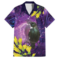 New Zealand Tui Bird Matariki Family Matching Tank Maxi Dress and Hawaiian Shirt Kowhai Flower Silver Fern Galaxy Maori Pattern LT22 Dad's Shirt - Short Sleeve Purple - Polynesian Pride