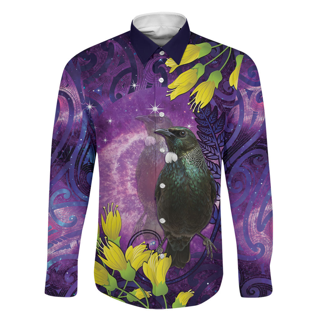 New Zealand Tui Bird Matariki Family Matching Tank Maxi Dress and Hawaiian Shirt Kowhai Flower Silver Fern Galaxy Maori Pattern LT22 Dad's Shirt - Long Sleeve Purple - Polynesian Pride