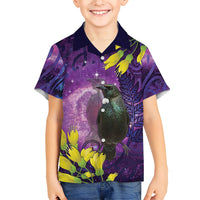 New Zealand Tui Bird Matariki Family Matching Tank Maxi Dress and Hawaiian Shirt Kowhai Flower Silver Fern Galaxy Maori Pattern LT22 Son's Shirt Purple - Polynesian Pride