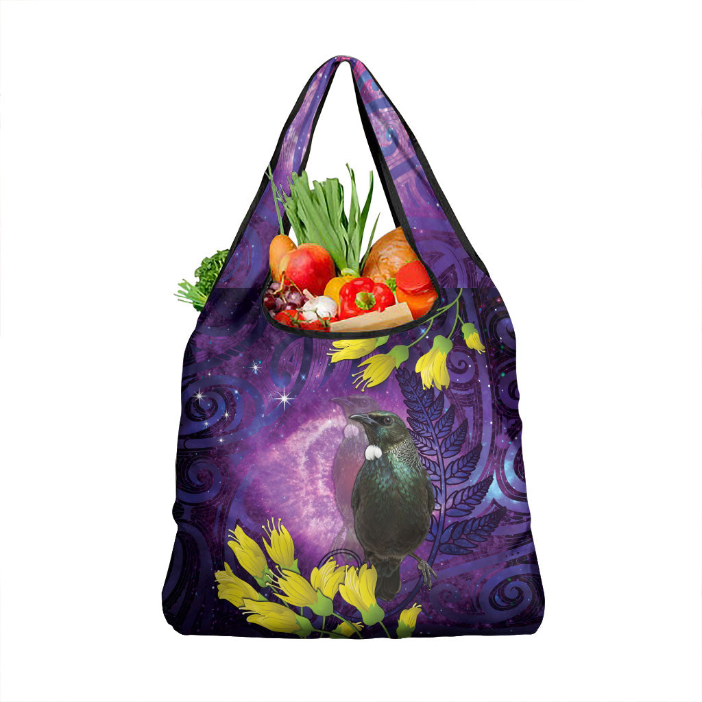 New Zealand Tui Bird Matariki Grocery Bag Kowhai Flower Silver Fern Galaxy Maori Pattern LT22 1-pack One Size Purple - Polynesian Pride