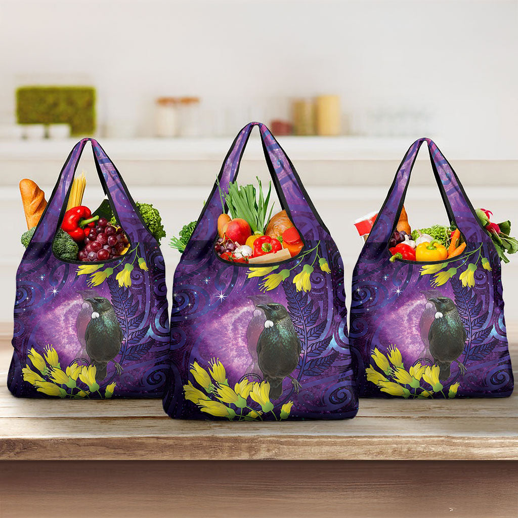 New Zealand Tui Bird Matariki Grocery Bag Kowhai Flower Silver Fern Galaxy Maori Pattern LT22 3-pack One Size Purple - Polynesian Pride