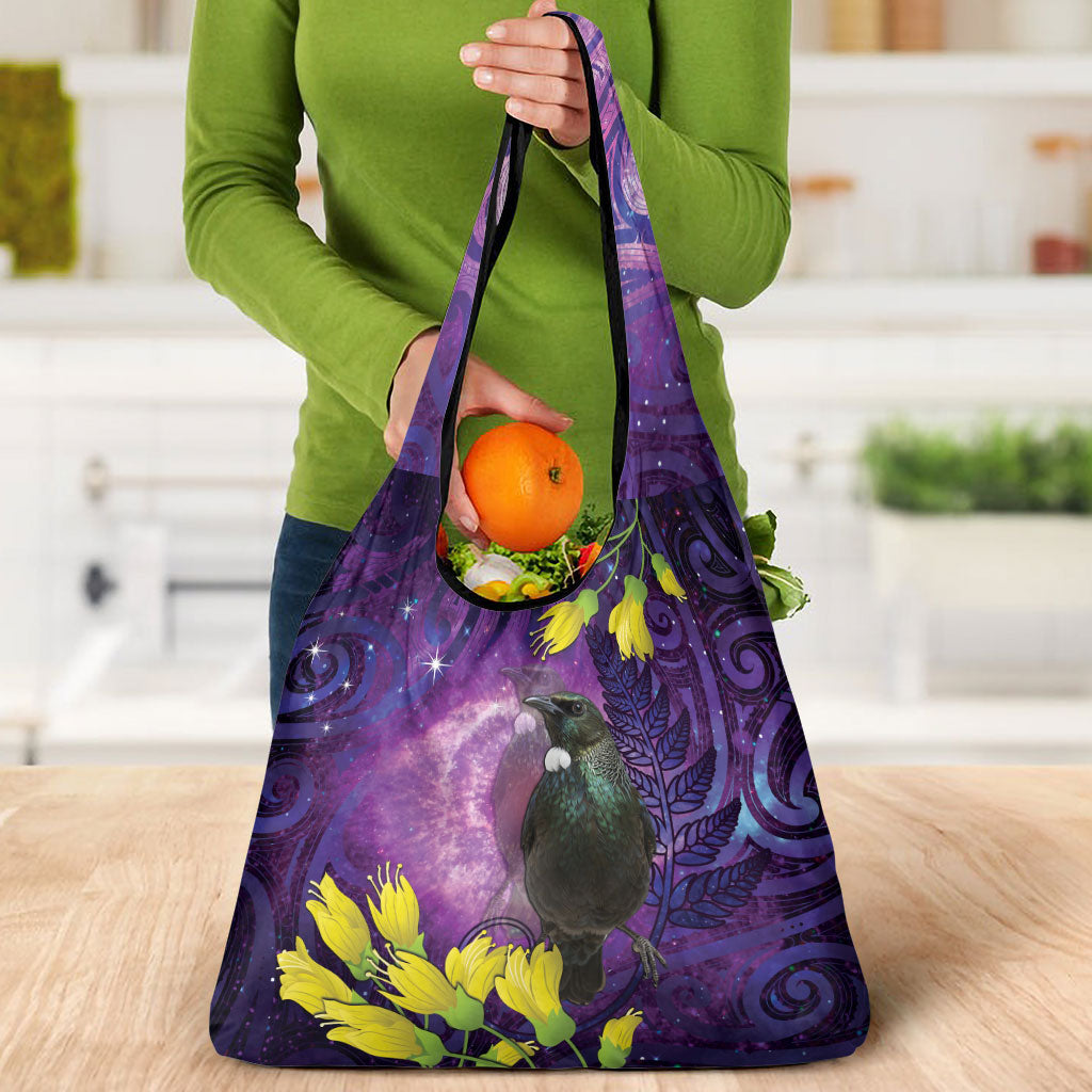 New Zealand Tui Bird Matariki Grocery Bag Kowhai Flower Silver Fern Galaxy Maori Pattern LT22 - Polynesian Pride