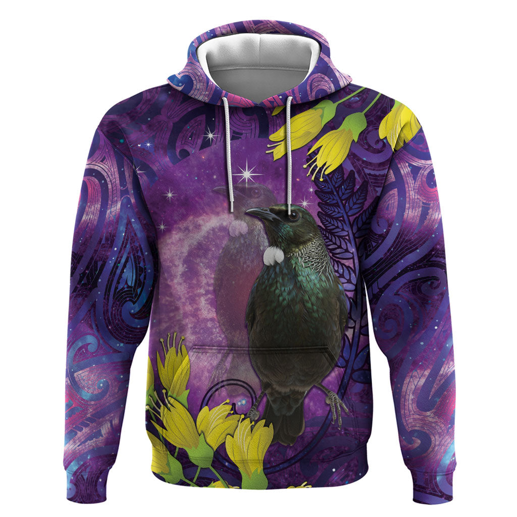 New Zealand Tui Bird Matariki Hoodie Kowhai Flower Silver Fern Galaxy Maori Pattern LT22 Pullover Hoodie Purple - Polynesian Pride