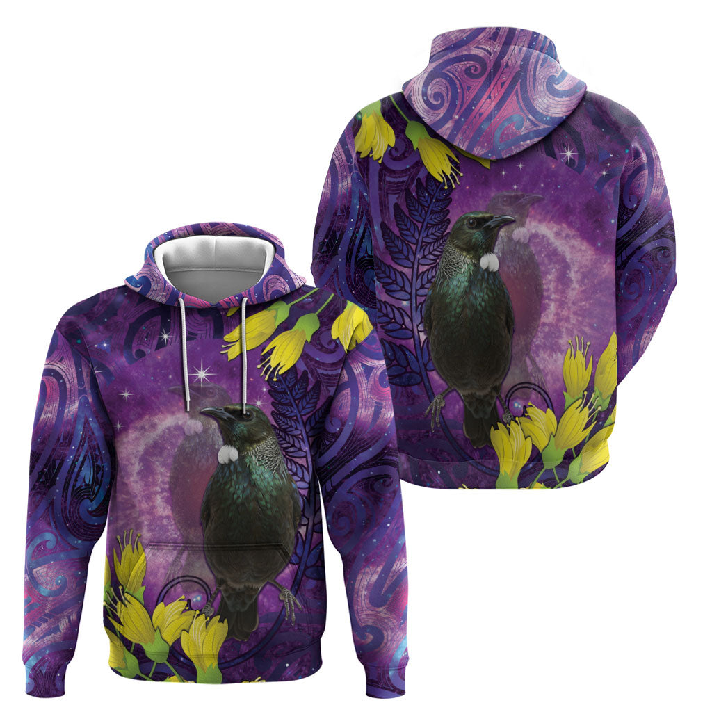 New Zealand Tui Bird Matariki Hoodie Kowhai Flower Silver Fern Galaxy Maori Pattern LT22 - Polynesian Pride