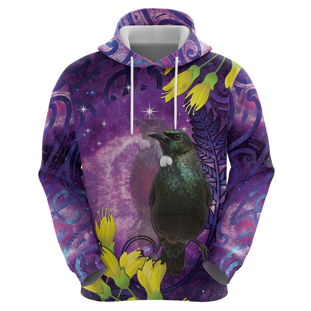 New Zealand Tui Bird Matariki Hoodie Kowhai Flower Silver Fern Galaxy Maori Pattern LT22 - Polynesian Pride