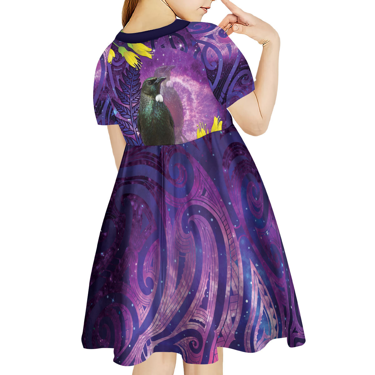 New Zealand Tui Bird Matariki Kid Short Sleeve Dress Kowhai Flower Silver Fern Galaxy Maori Pattern LT22 - Polynesian Pride