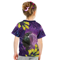 New Zealand Tui Bird Matariki Kid T Shirt Kowhai Flower Silver Fern Galaxy Maori Pattern LT22 - Polynesian Pride